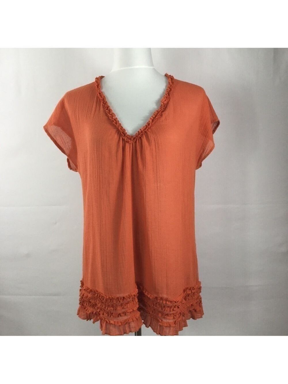 J Crew Cap Sleeve Semi Sheer V Neck Ruffle Detail Cotton Tunic Top Rust Size S
